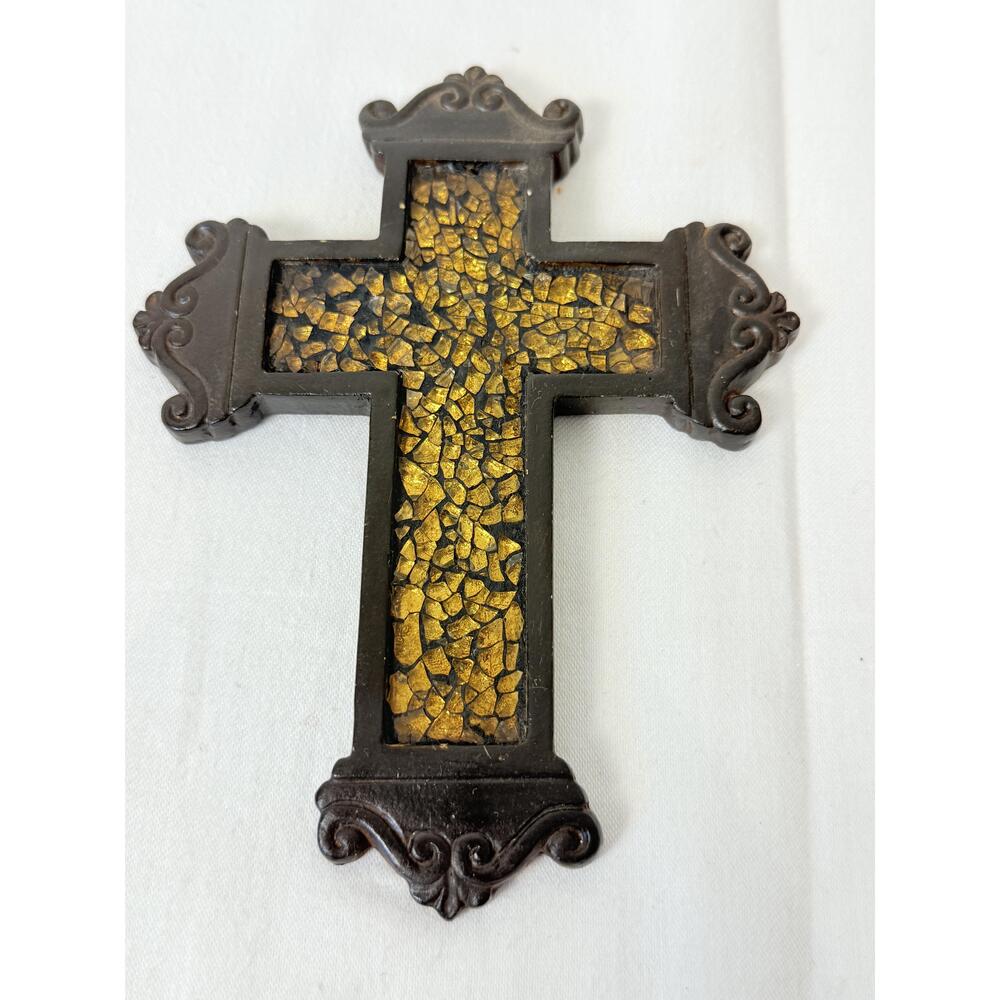 Vintage Dark Black Frame Crackle Glass Golden Inlay Mosaic Wall Cross Small